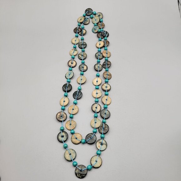 Coconut Disk Beaded Necklace Boho Style Handmade 56 Inch - Picture 2 of 6